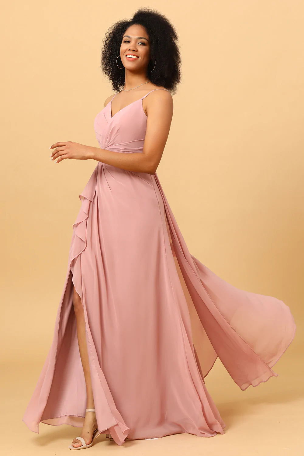 A Línea Correas de Espagueti Rosa Vestido de Dama de Honor