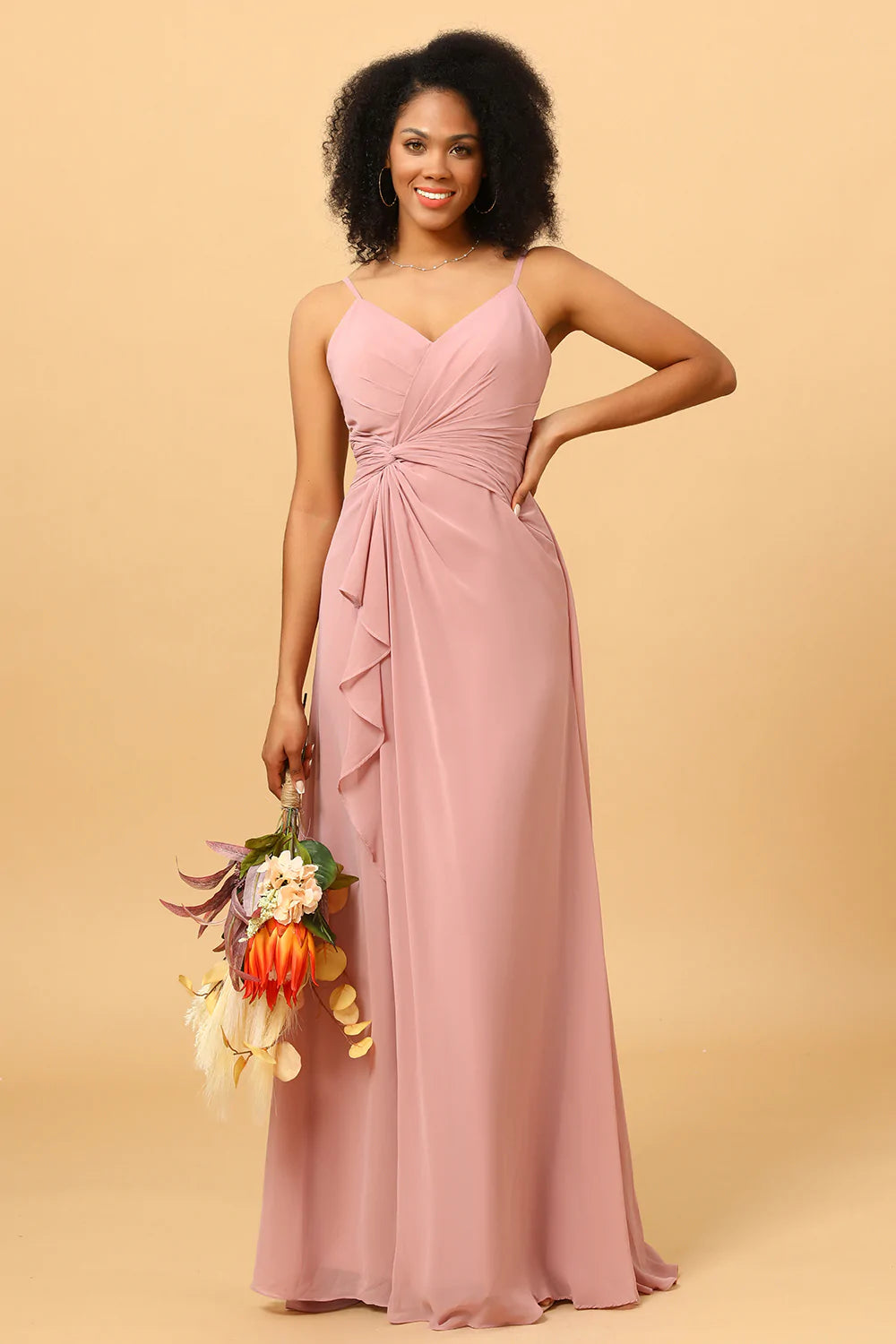A Línea Correas de Espagueti Rosa Vestido de Dama de Honor