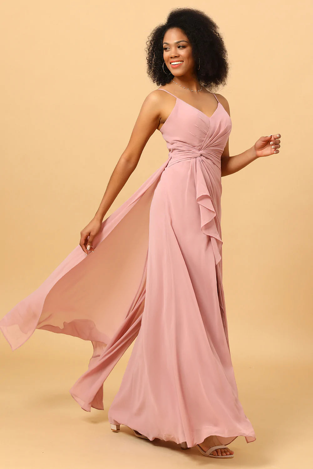 A Línea Correas de Espagueti Rosa Vestido de Dama de Honor