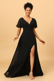 Negro Vestido de Dama de Honor Gasa Largo