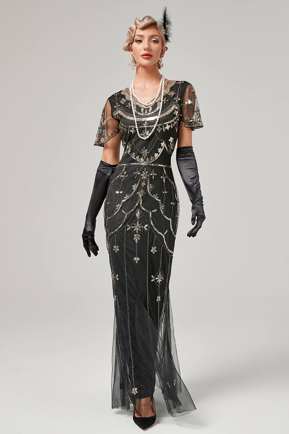Vestido largo de lentejuelas de rubor negro de la década de 1920