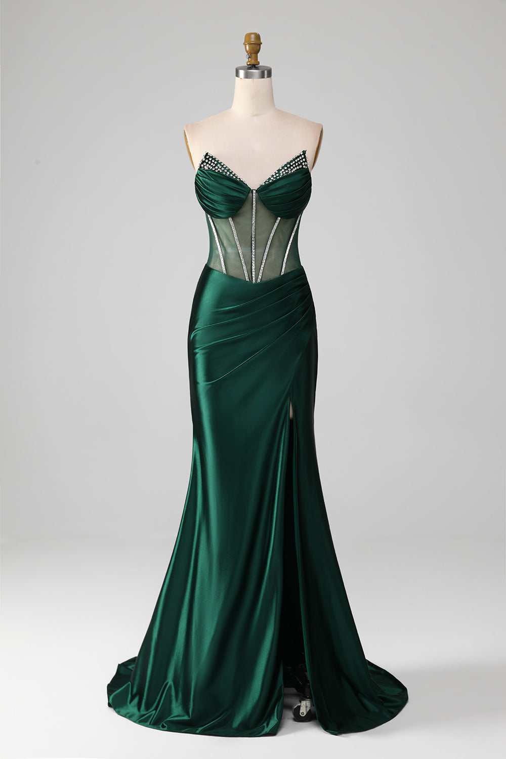 Vestido de fiesta plisado de sirena con corsé sin tirantes con escote en V verde oscuro