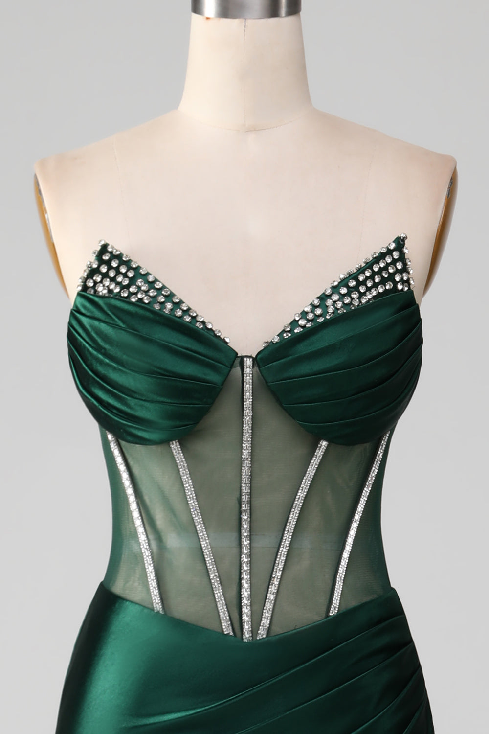Vestido de fiesta plisado de sirena con corsé sin tirantes con escote en V verde oscuro