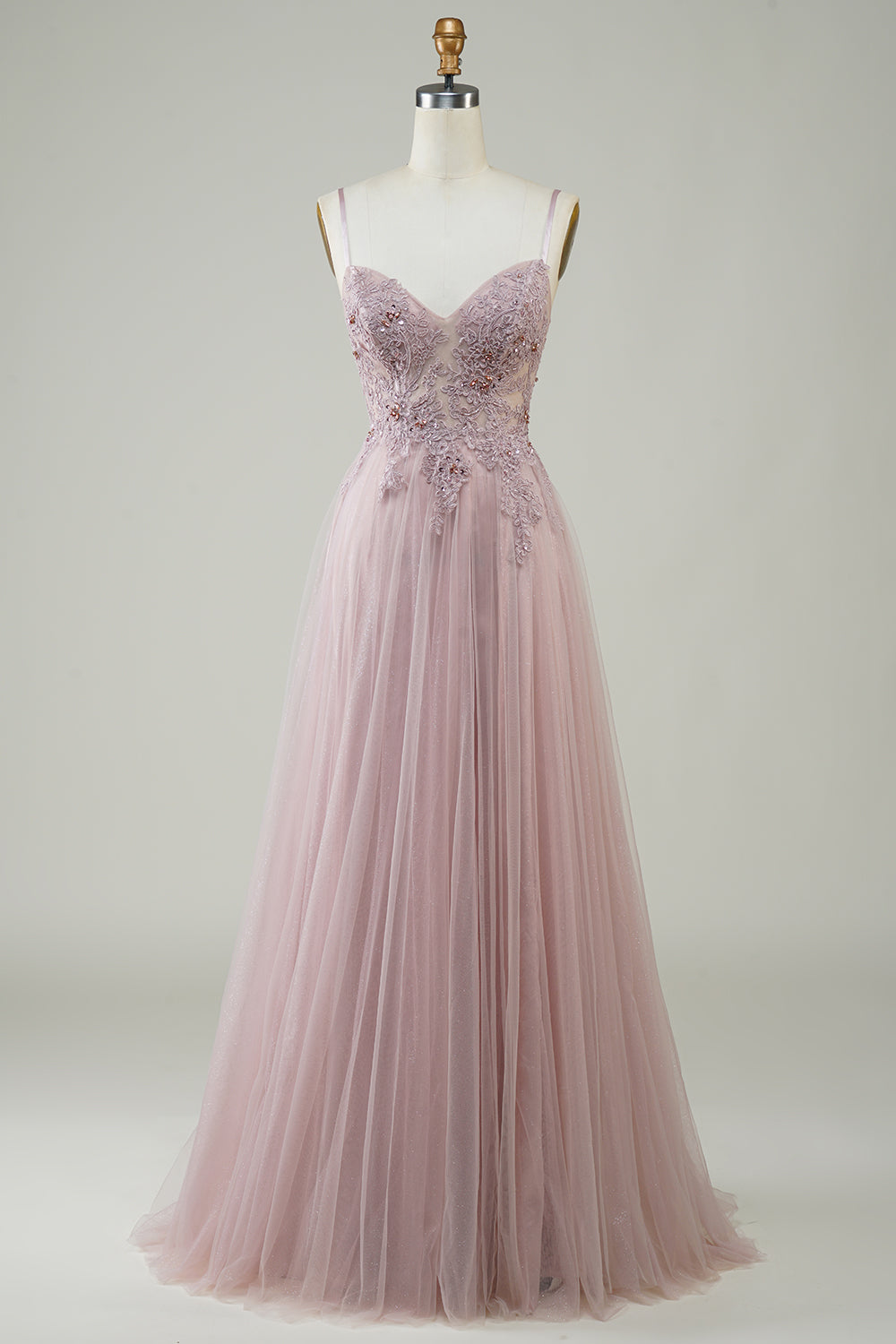 Sparkly Blush A-Line Tul Vestido de fiesta largo con encaje