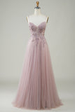Sparkly Blush A-Line Tul Vestido de fiesta largo con encaje