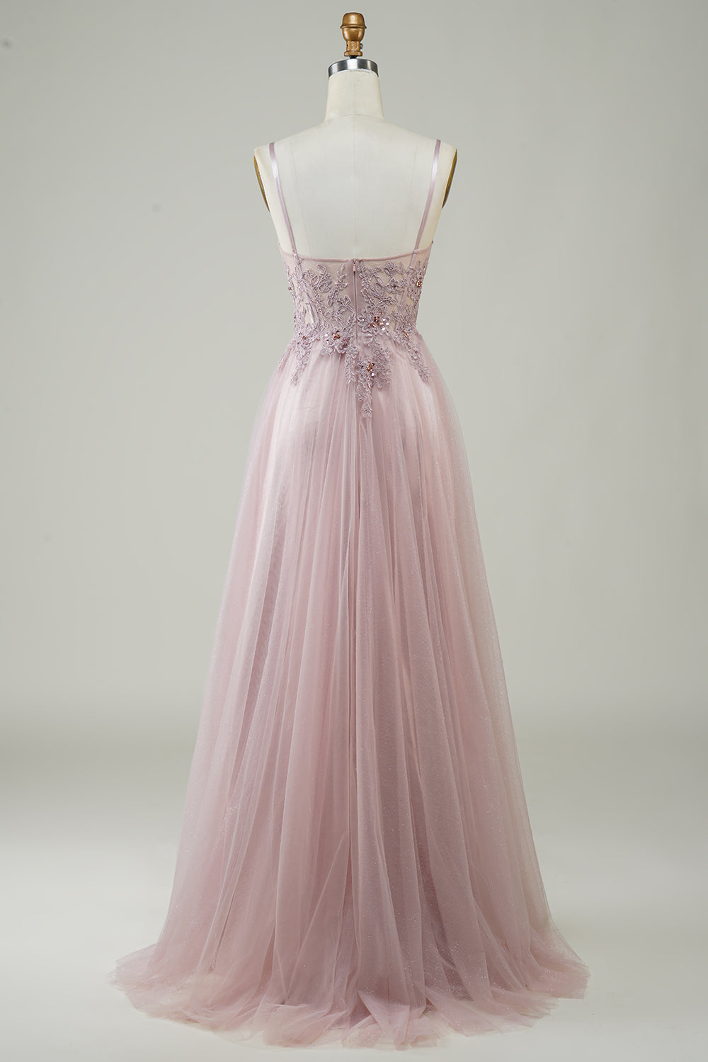 Sparkly Blush A-Line Tul Vestido de fiesta largo con encaje