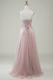 Sparkly Blush A-Line Tul Vestido de fiesta largo con encaje