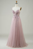 Sparkly Blush A-Line Tul Vestido de fiesta largo con encaje