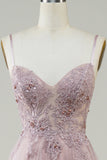 Sparkly Blush A-Line Tul Vestido de fiesta largo con encaje