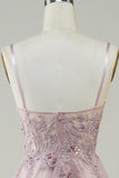 Sparkly Blush A-Line Tul Vestido de fiesta largo con encaje