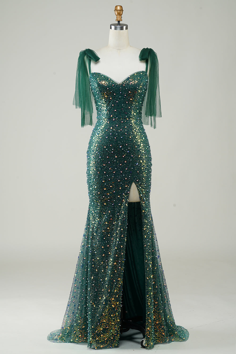 Brillante verde oscuro sirena lentejuelas largo vestido de graduación con hendidura