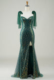 Brillante verde oscuro sirena lentejuelas largo vestido de graduación con hendidura