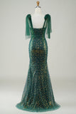 Brillante verde oscuro sirena lentejuelas largo vestido de graduación con hendidura
