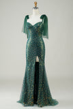 Brillante verde oscuro sirena lentejuelas largo vestido de graduación con hendidura
