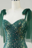 Brillante verde oscuro sirena lentejuelas largo vestido de graduación con hendidura