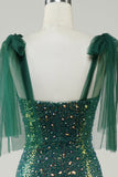 Brillante verde oscuro sirena lentejuelas largo vestido de graduación con hendidura