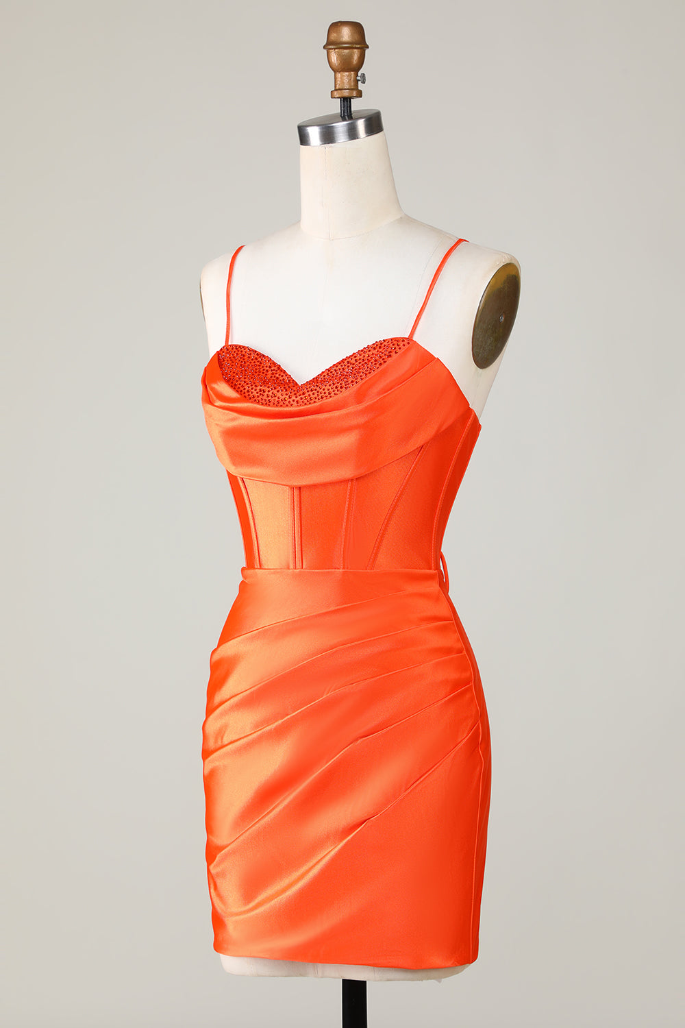 Corsé de cuentas naranja brillante Vestido corto ajustado de bienvenida