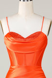 Corsé de cuentas naranja brillante Vestido corto ajustado de bienvenida