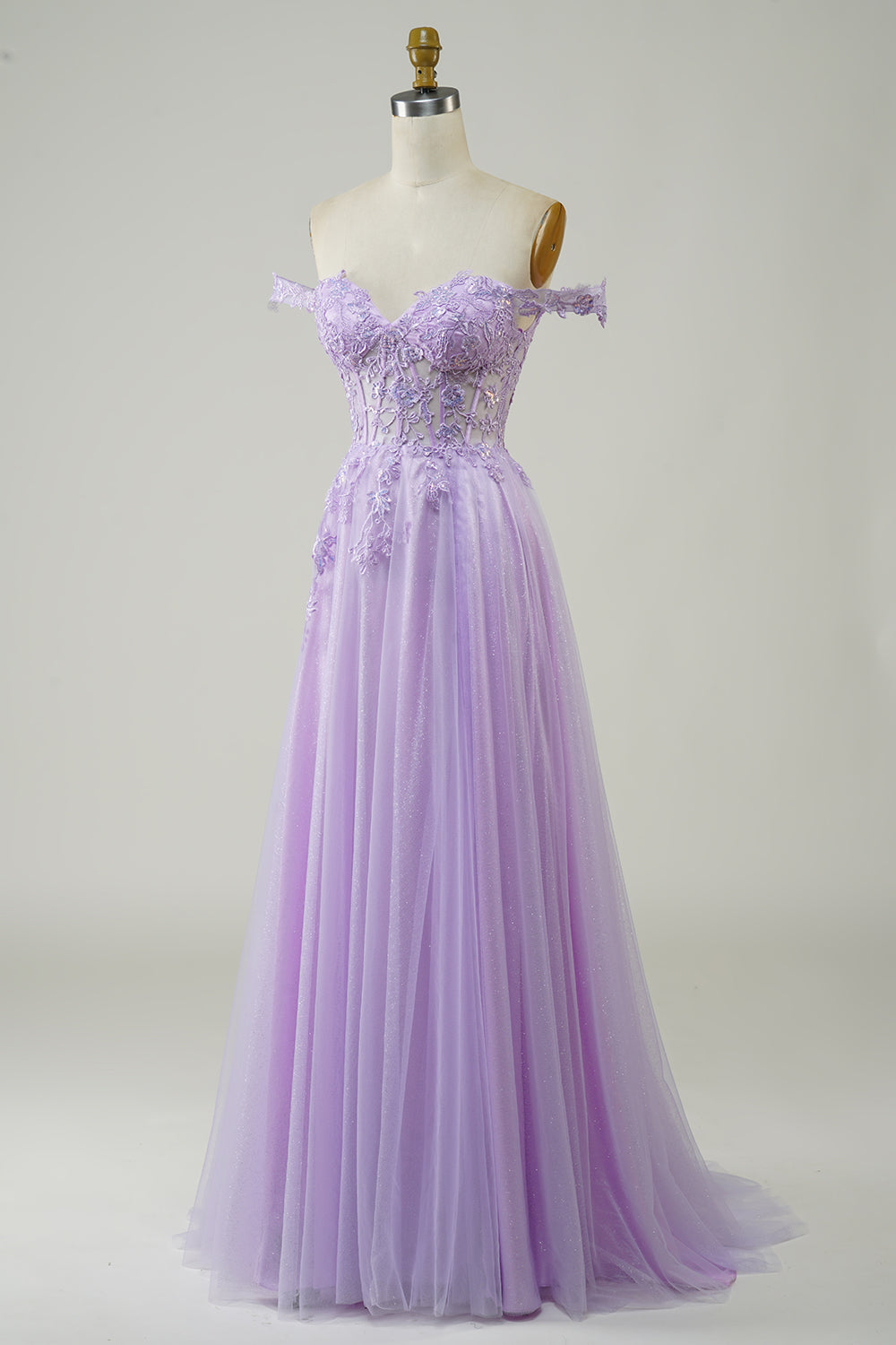 Púrpura A-Línea Vestido de Graduación Tul Encaje