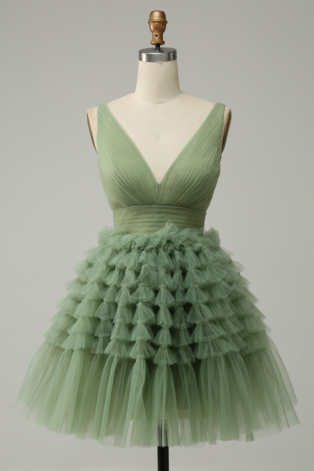 Vestido de Graduación Con Espalda Abierta Tul Verde Cuello en V