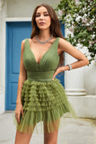 A Línea Cuello en V Verde Vestido de Cóctel Volantes