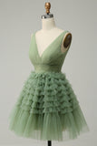 Vestido de Graduación Con Espalda Abierta Tul Verde Cuello en V