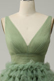 Vestido de Graduación Con Espalda Abierta Tul Verde Cuello en V