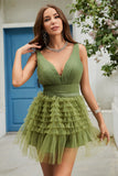 A Línea Cuello en V Verde Vestido de Cóctel Volantes