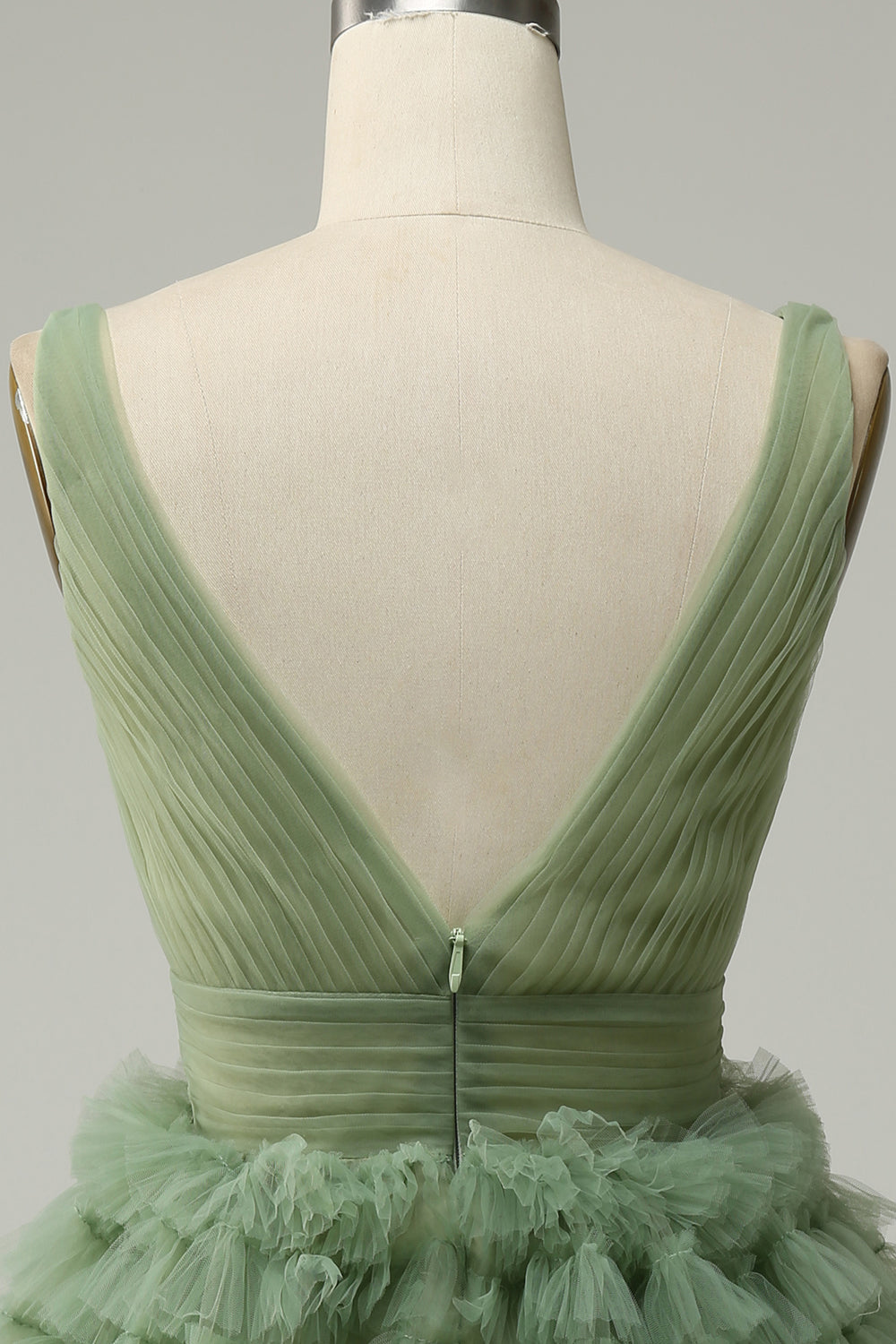 Vestido de Graduación Con Espalda Abierta Tul Verde Cuello en V