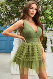 A Línea Cuello en V Verde Vestido de Cóctel Volantes