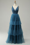 Vestido de Graduación Azul Cuello en V Espalda Abierta