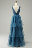 Vestido de Graduación Azul Cuello en V Espalda Abierta