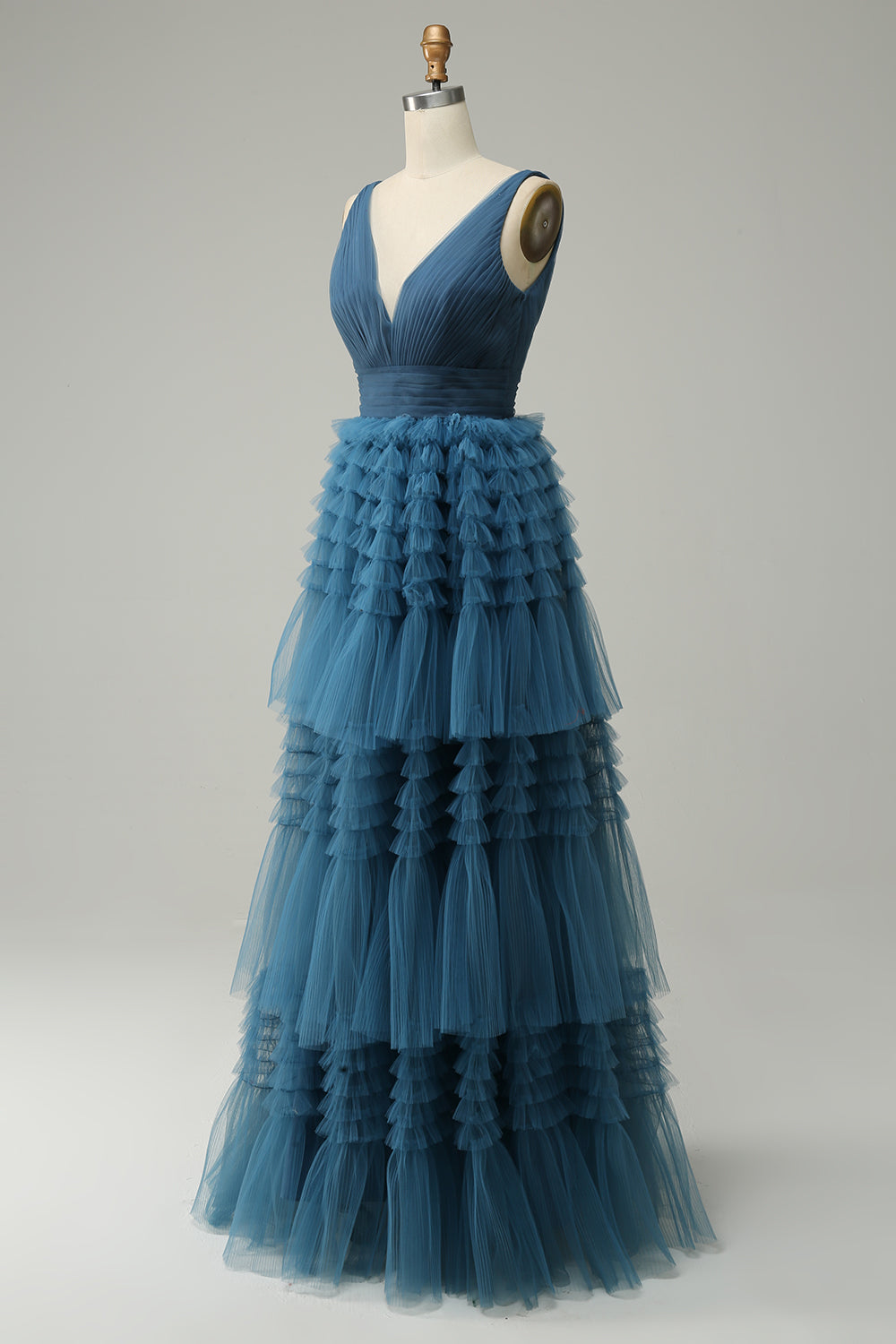 Vestido de Graduación Azul Cuello en V Espalda Abierta