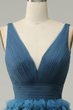 Vestido de Graduación Azul Cuello en V Espalda Abierta