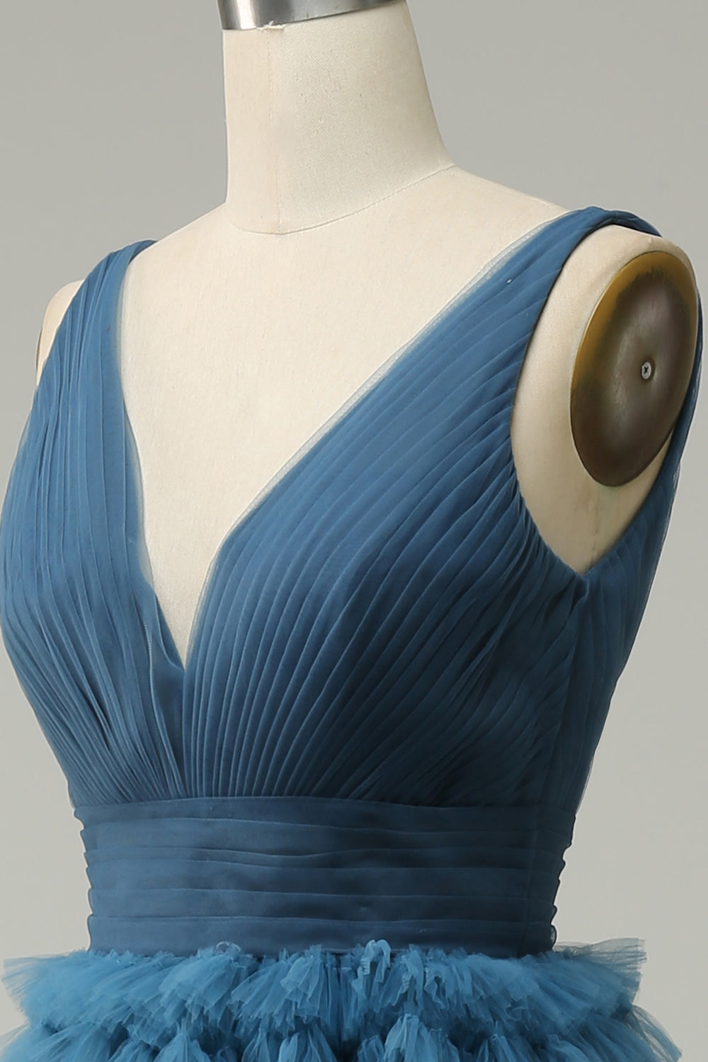 Vestido de Graduación Azul Cuello en V Espalda Abierta