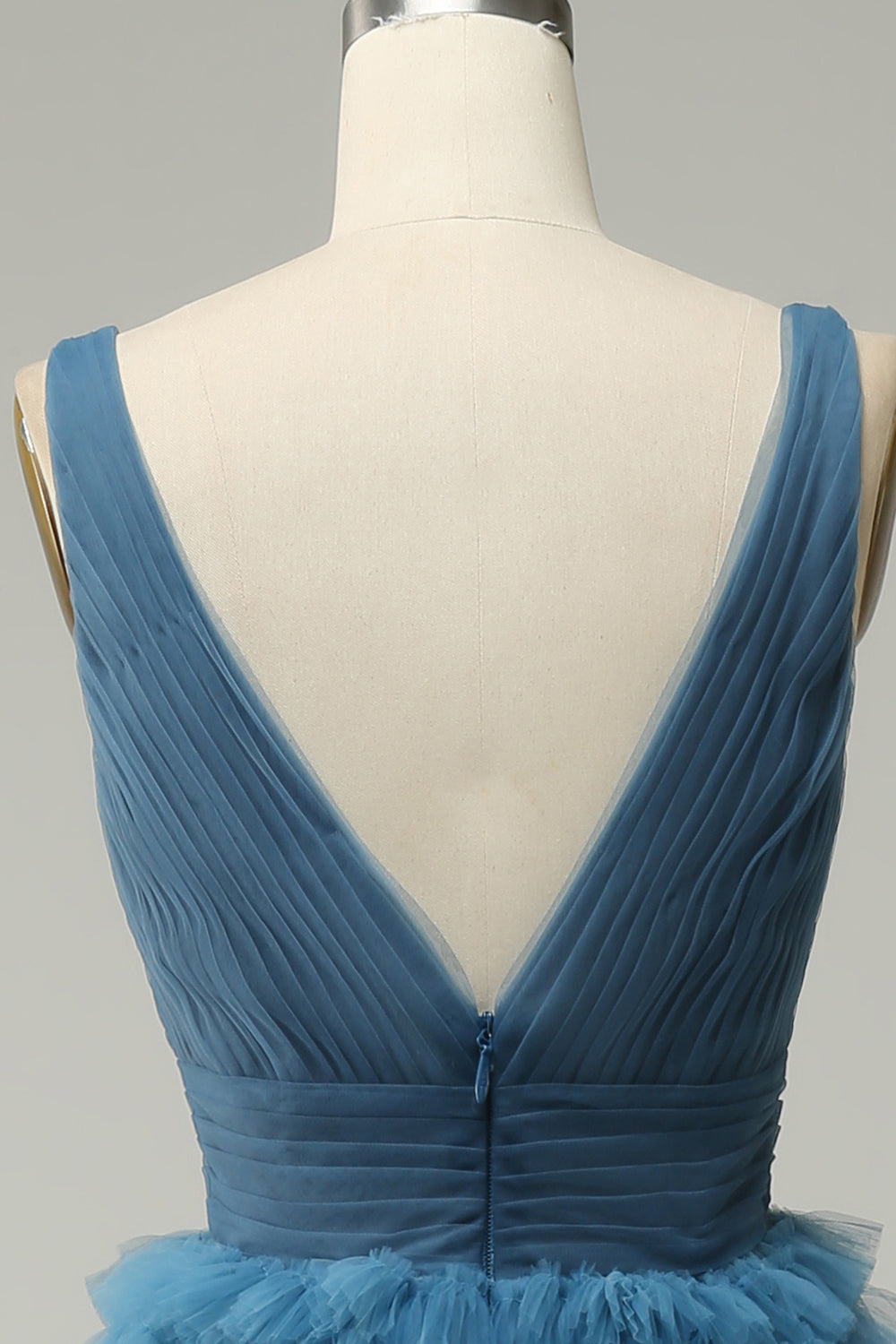 Vestido de Graduación Azul Cuello en V Espalda Abierta
