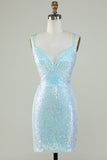 Bling Sheath Spaghetti Straps Light Blue Selenteys Short Homecoming Dress with Criss Cross Back