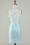 Bling Sheath Spaghetti Straps Light Blue Selenteys Short Homecoming Dress with Criss Cross Back