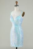 Bling Sheath Spaghetti Straps Light Blue Selenteys Short Homecoming Dress with Criss Cross Back