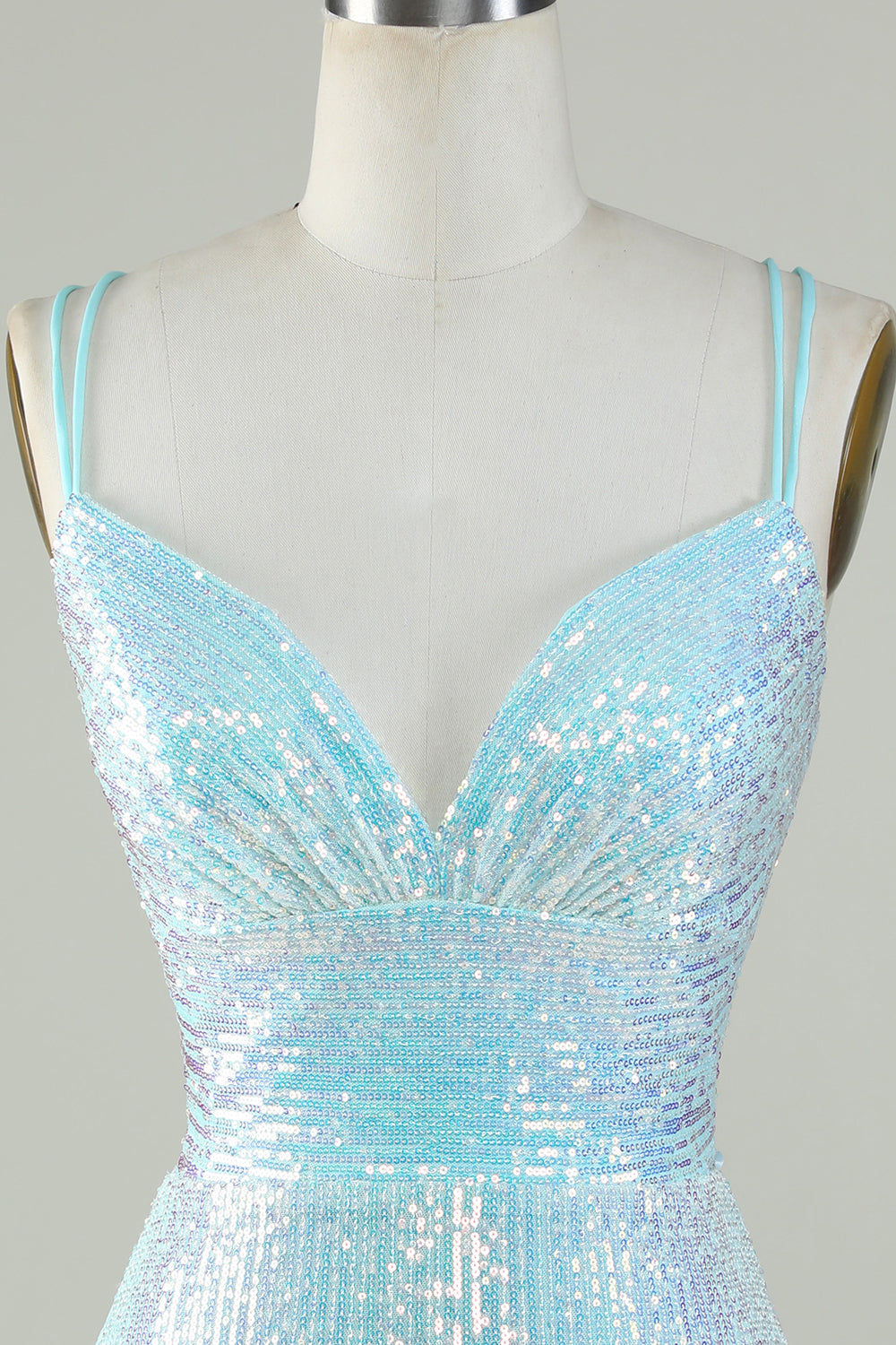 Bling Sheath Spaghetti Straps Light Blue Selenteys Short Homecoming Dress with Criss Cross Back