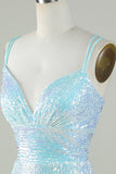Bling Sheath Spaghetti Straps Light Blue Selenteys Short Homecoming Dress with Criss Cross Back