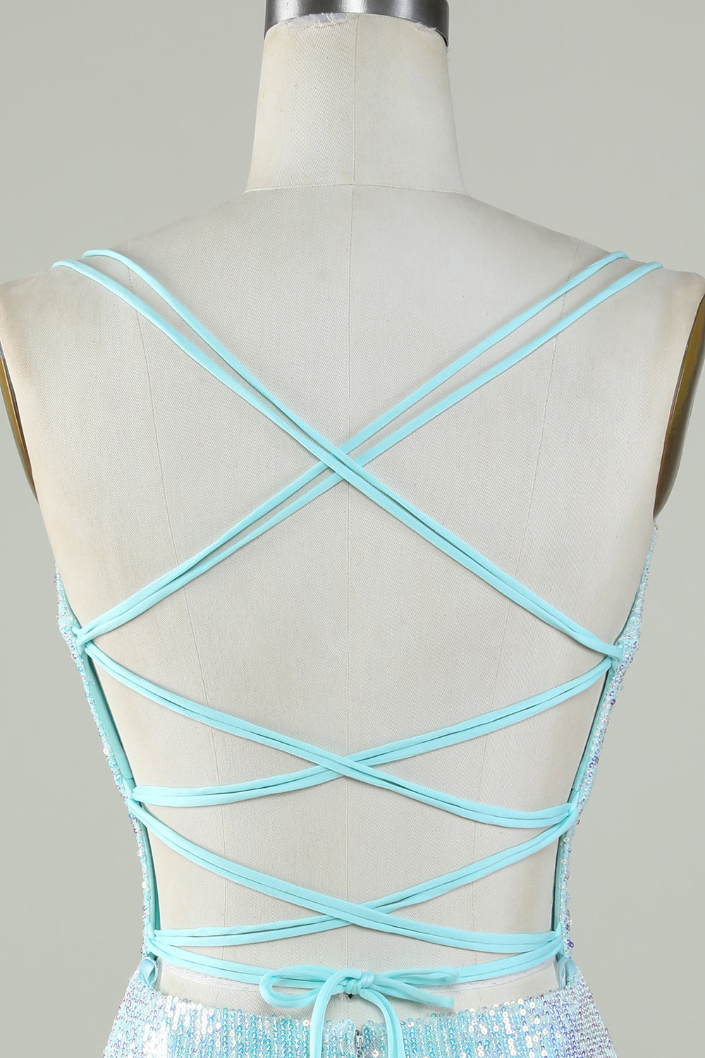 Bling Sheath Spaghetti Straps Light Blue Selenteys Short Homecoming Dress with Criss Cross Back