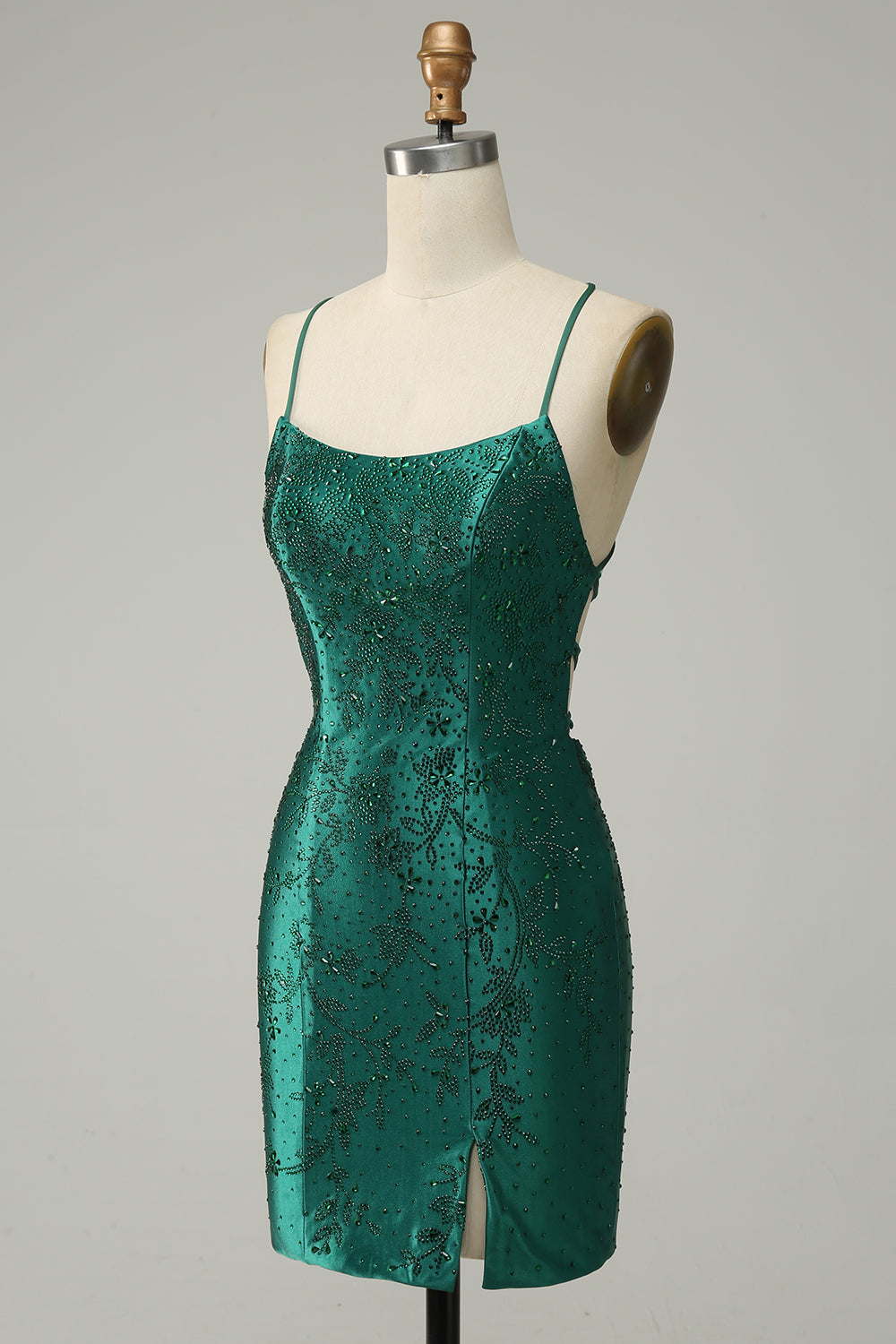 Vestido de Fiesta Con Cuentas Verde Oscuro