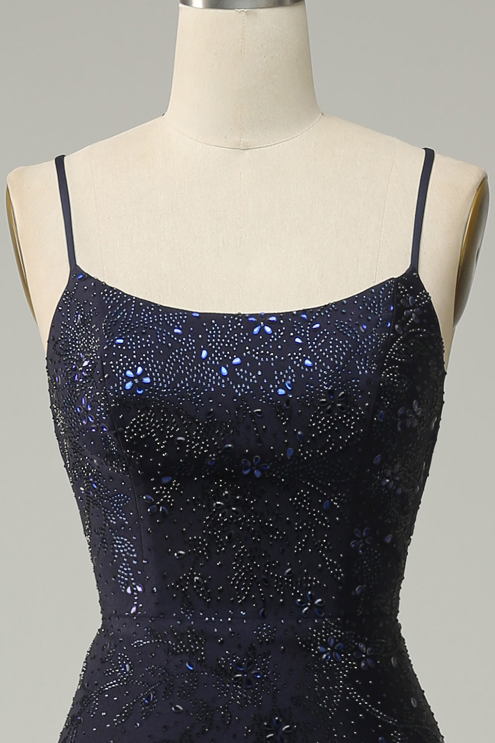 Azul Marino Tirantes de Espagueti Vestido de Fiesta Con Cuentas