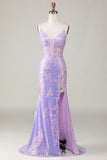 Sparkly Mermaid Spaghetti Straps Corsé púrpura Vestido de graduación con hendidura