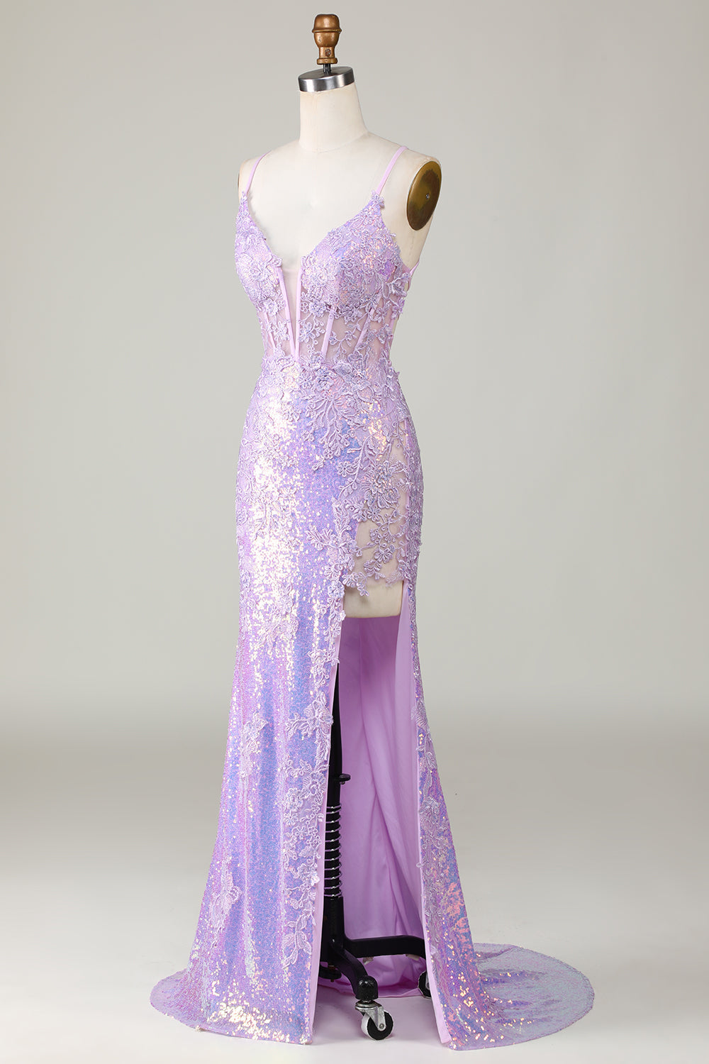 Sparkly Mermaid Spaghetti Straps Corsé púrpura Vestido de graduación con hendidura