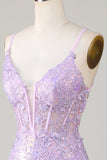 Sparkly Mermaid Spaghetti Straps Corsé púrpura Vestido de graduación con hendidura
