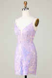 Bling Bodycon Spaghetti Straps Corsé púrpura Vestido de bienvenida con espalda entrecruzada