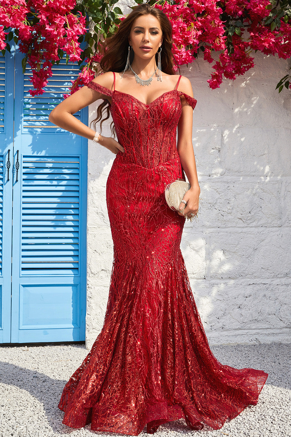 Sirena Fuera del Hombro Borgoña Corsé Vestido de Fiesta
