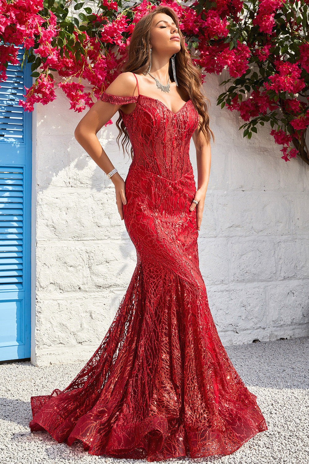 Sirena Fuera del Hombro Borgoña Corsé Vestido de Fiesta